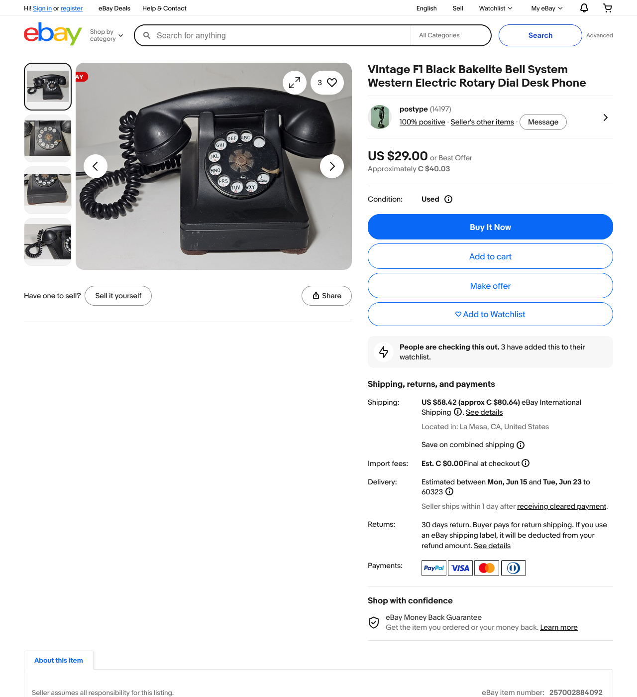 Vintage Rotary Dial Desk Telephone Black Bakelite Style