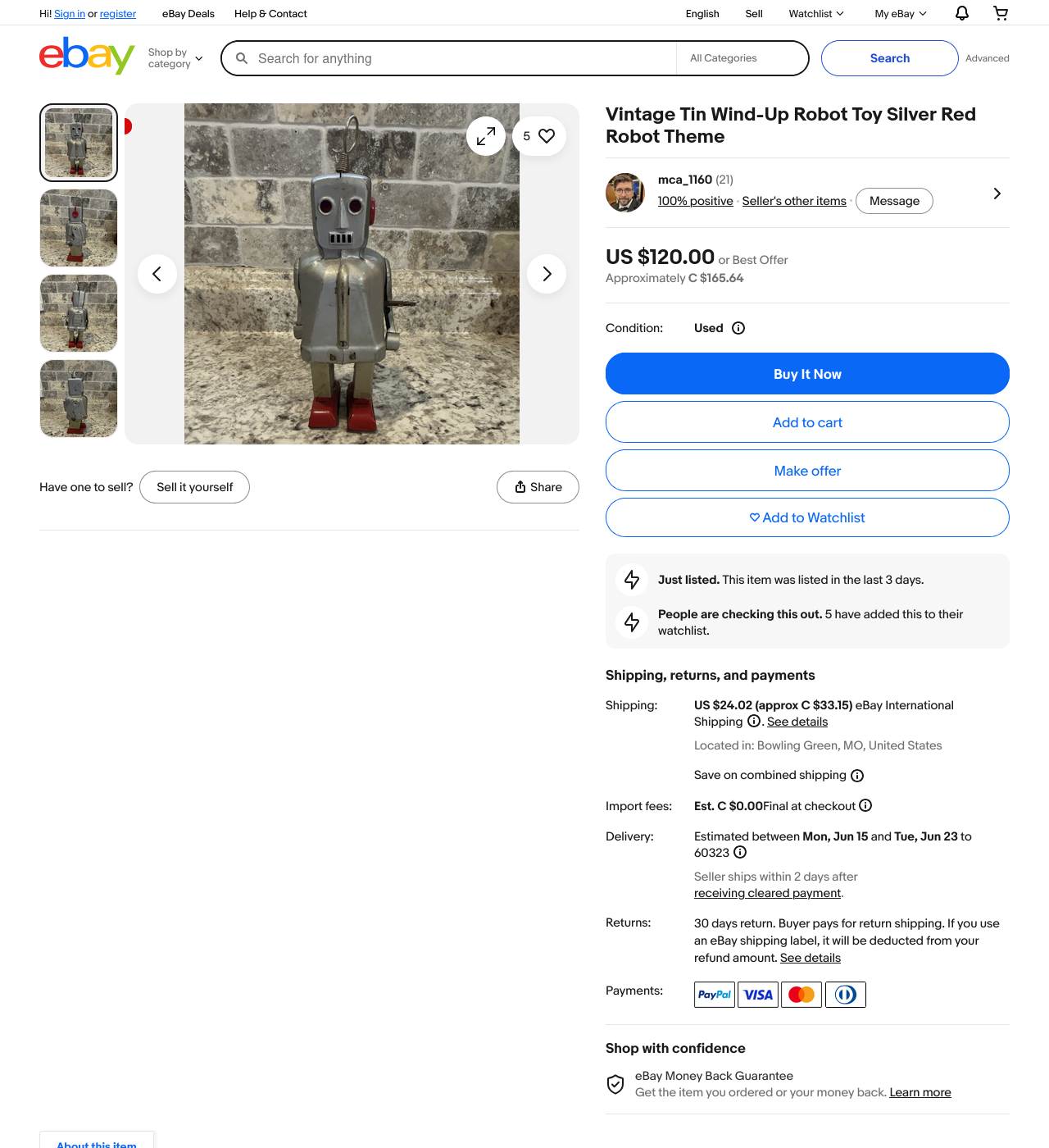 Vintage Tin Litho Wind Up Robot Toy Space Age Style