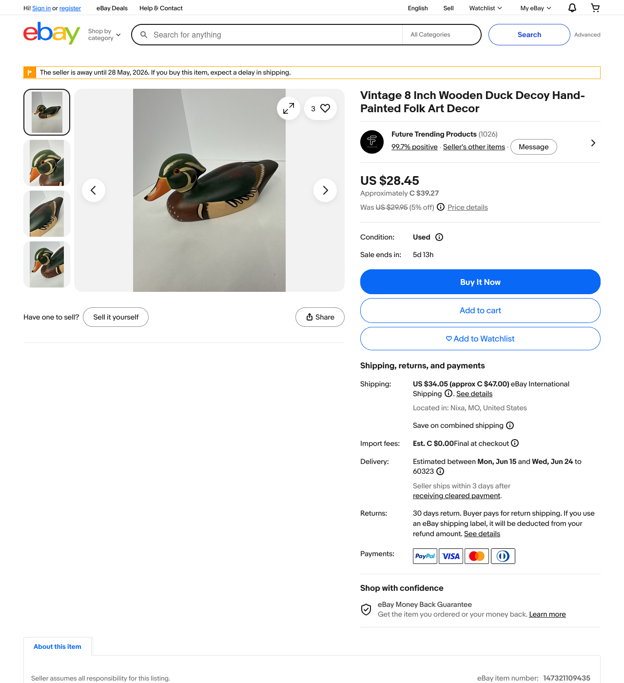 Vintage Wooden Duck Decoy Hand Painted Folk Art